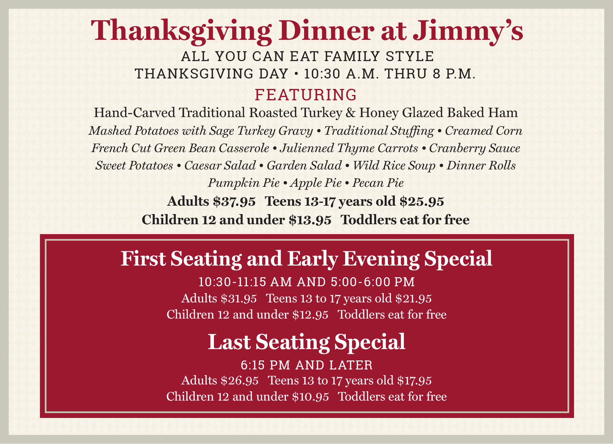Jimmy's Thanksgiving Menu